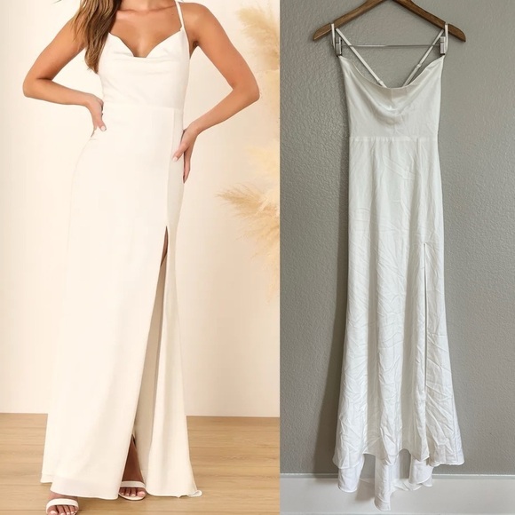 Destined Romance White Satin Cowl Neck Backless Maxi Dress - Picture 1 of 12